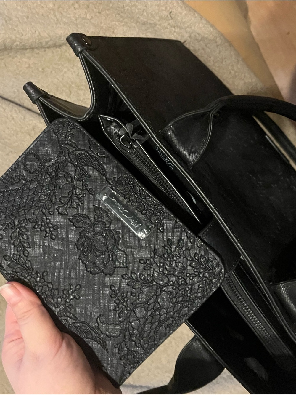 Betsey Johnson Black Embossed Skull Shoulder Bag with Chain Straps - Picture 6 of 6